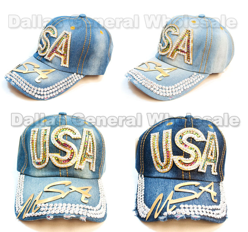 Ladies USA Studded Fashion Denim Caps Wholesale